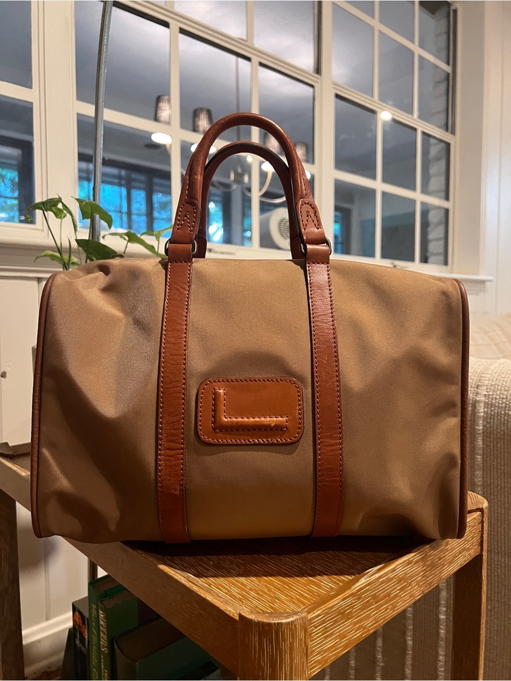Vintage L Paris Tan / Brown Travel Nylon & Leather Mini Duffle Bag